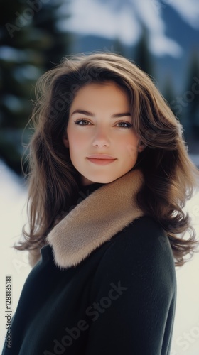 Attractive woman with dark brown hair poses elegantly in a snowy landscape during winter
