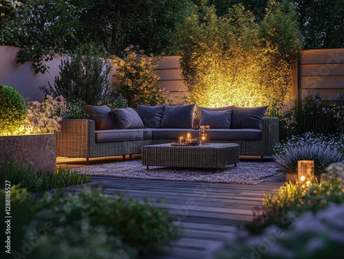Outdoor patio with furniture and glowing AR temperature controls, serene modern garden, soft warm lighting, photorealistic