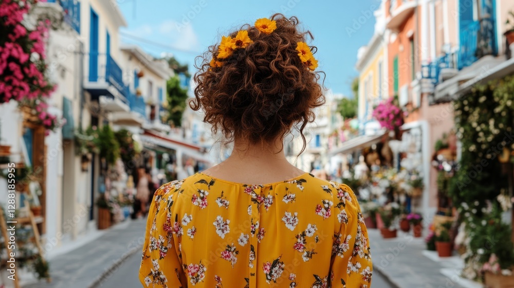 Fototapeta premium Person standing on street lined with shops, looking towards camera.