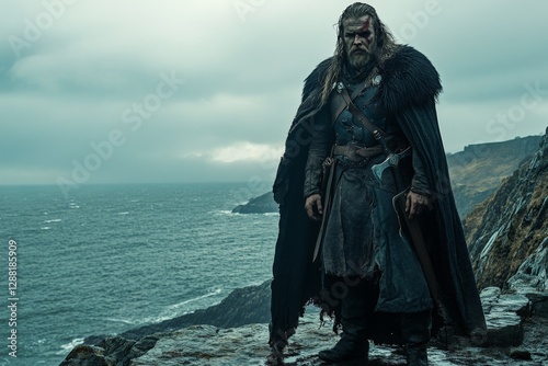 Viking warrior stands on rocky coastline under cloudy sky by the ocean photo