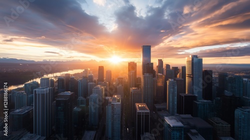 Stunning sunset over a vibrant city skyline with tall buildings and a river