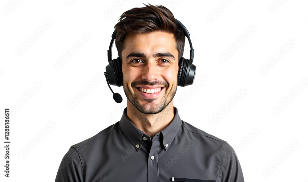 Smiling man portrait with headset, isolated on transparent background. Cheerful call center worker or online support agent. Studio shot for business, communication, and technology. Smiling man portrait with headset, isolated on transparent background. Cheerful call center worker or online support agent. Studio shot for business, communication, and technology.