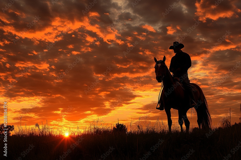 Fototapeta premium Cowboy on horseback silhouetted against a vibrant sunset in a rural landscape