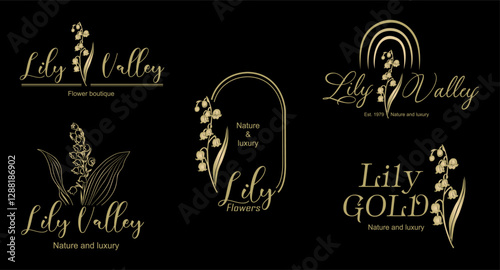 Vector luxury logo design set in trendy linear style with Lily of the Valley flowers. Golden line art logotypes on black background for beauty, florist emblem, jewelry, cosmetic packaging.