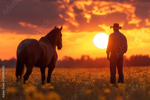 Man and horse enjoy a tranquil sunset in a field filled with wildflowers photo