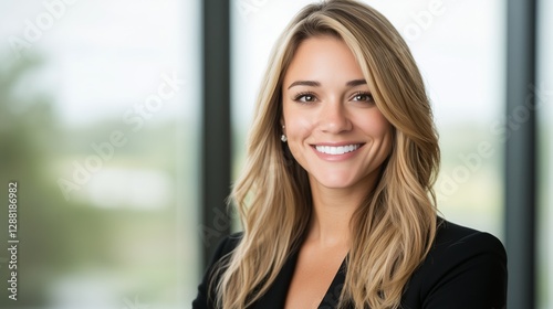 Professional woman smiling confidently in modern office setting