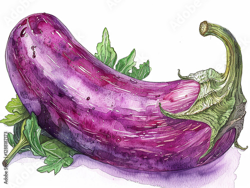 Watercolor illustration of a purple eggplant with green stem