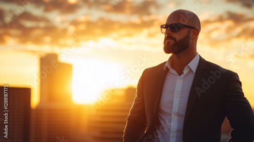 Confident businessman enjoys sunset view over a city skyline at twilight
