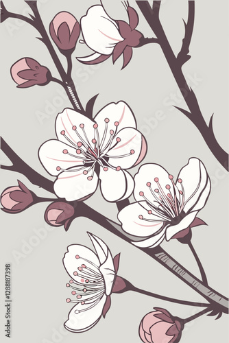 Natural purity in vector: cotton branches with delicate buds and realistic rendering
