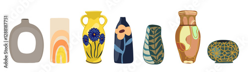 Set of different vases for flowers. Modern handmade pottery, clay crockery of various sizes, shapes. Home decoration objects. Vector cartoon illustrations isolated 