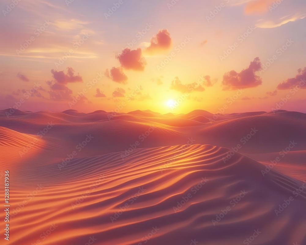 Fototapeta premium Sunset over desert dunes with glowing AR sand movement data, serene landscape setting, soft warm lighting, photorealistic