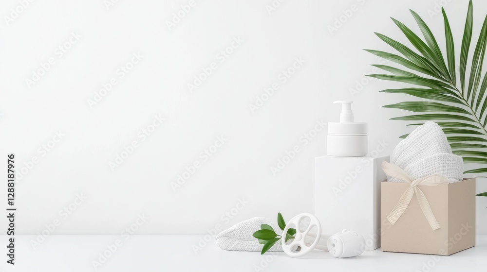 Minimalist spa set with lotion bottle, towels, and palm leaf on white background for relaxation and wellbeing concept. Minimalist spa set with lotion bottle, towels, and palm leaf on white background for relaxation and wellbeing concept.