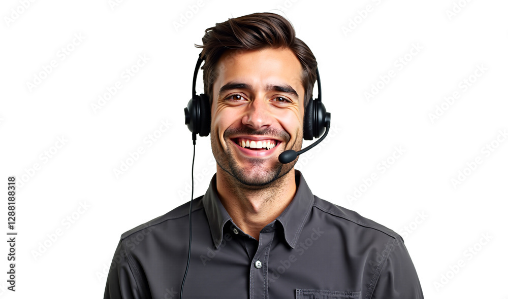Smiling young man portrait with headset, isolated on transparent background. Ideal for call center, customer service, and online support visuals. Smiling young man portrait with headset, isolated on transparent background. Ideal for call center, customer service, and online support visuals.