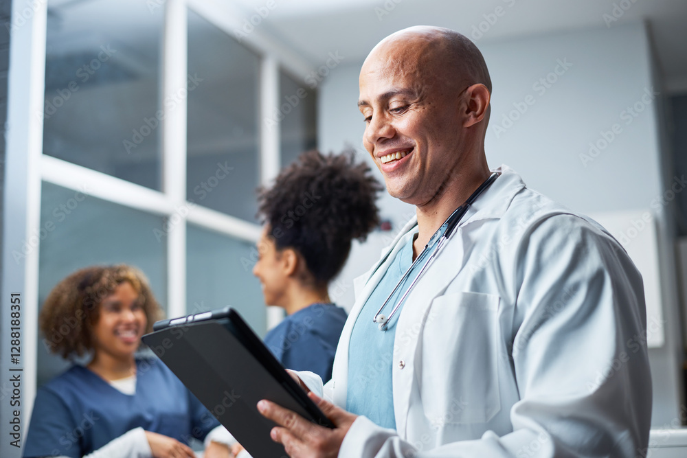 Smiling Healthcare Professional Using a Digital Tablet in a Medical Office Smiling Healthcare Professional Using a Digital Tablet in a Medical Office