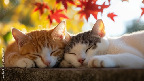 Two cats peacefully napping on a sunny wall surrounded by autumn leaves
