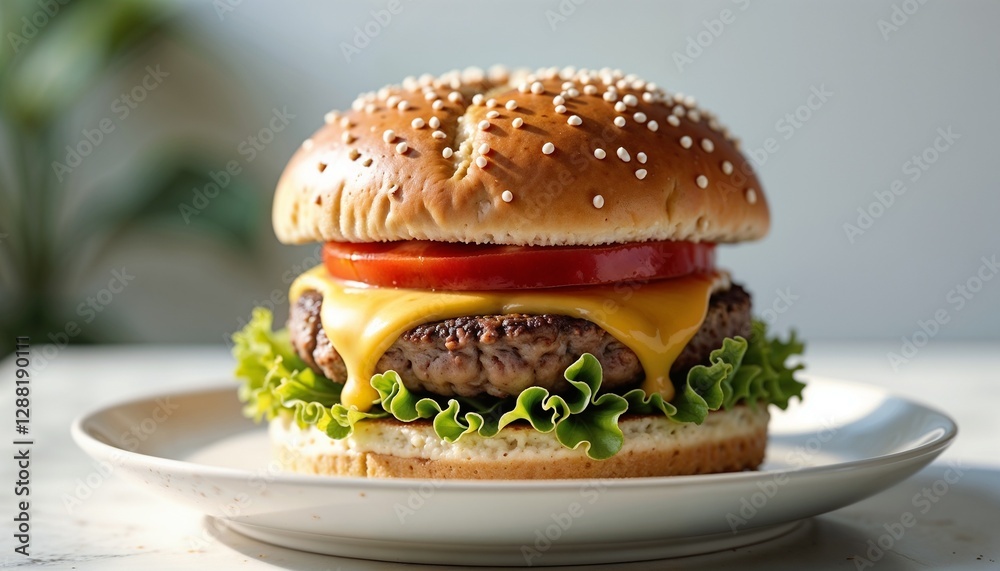 Classic hamburger with lettuce, beef patty, cheese, and tomato on a sesame bun, served on a plate on the table