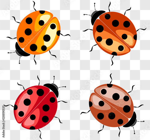 Colorful vector illustration of ladybugs in various colors and patterns on a transparent background