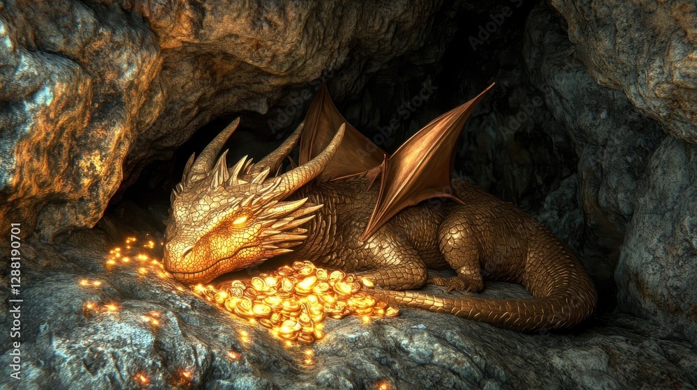 A golden dragon rests in a cave over its treasure A golden dragon rests in a cave over its treasure