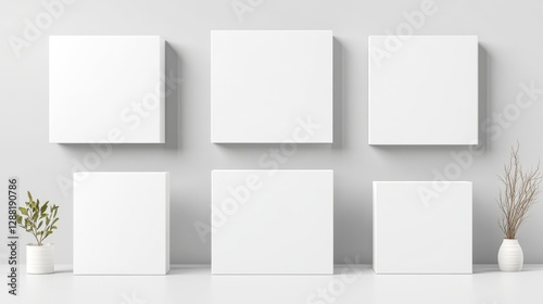 Wallpaper Mural Minimalist white canvas frames with decorative plants on a shelf. Perfect for creative and design inspiration. Torontodigital.ca