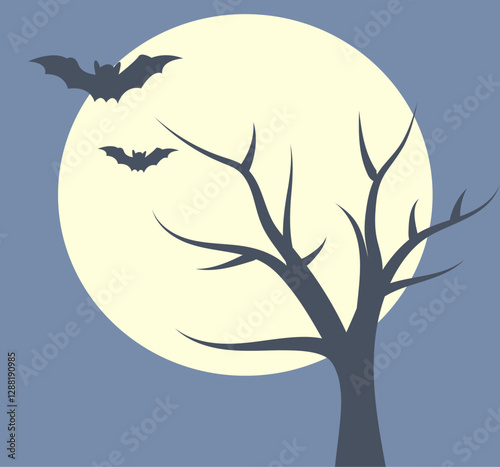 Bats flying over a barren tree under a full moon in a nighttime illustration. Halloween.