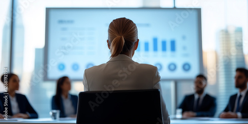 Determined businesswoman leads executive meeting with impactful presentation in city setting