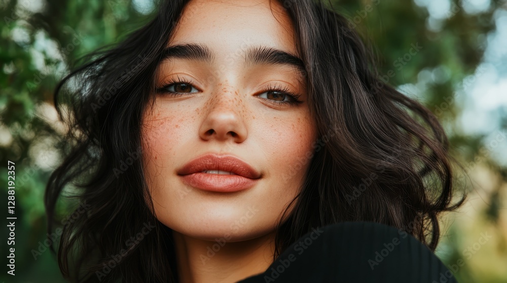 Woman with natural makeup wearing a brown top. Woman with natural makeup wearing a brown top.