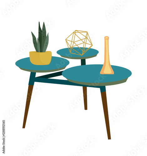 Modern wooden teal coffee table with house plant, vase and geometric decor on it. Trendy design furniture for living room in Mid Century style. Flat vector illustration isolated