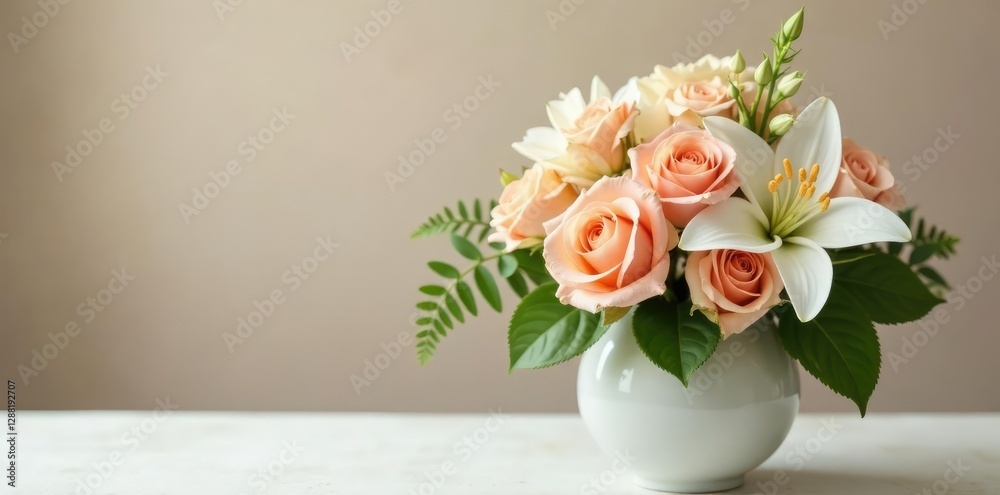 Fototapeta premium Soft peach roses with hydrangea, white lily and fern in a elegant vase, peach roses, elegant