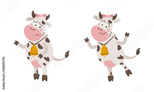 Obraz na płótnie Sad and happy cartoon cows on hind legs with bell on neck and bow on head - vector flat illustration, characters for design of postcards, calendars, clothes, packaging w salonie