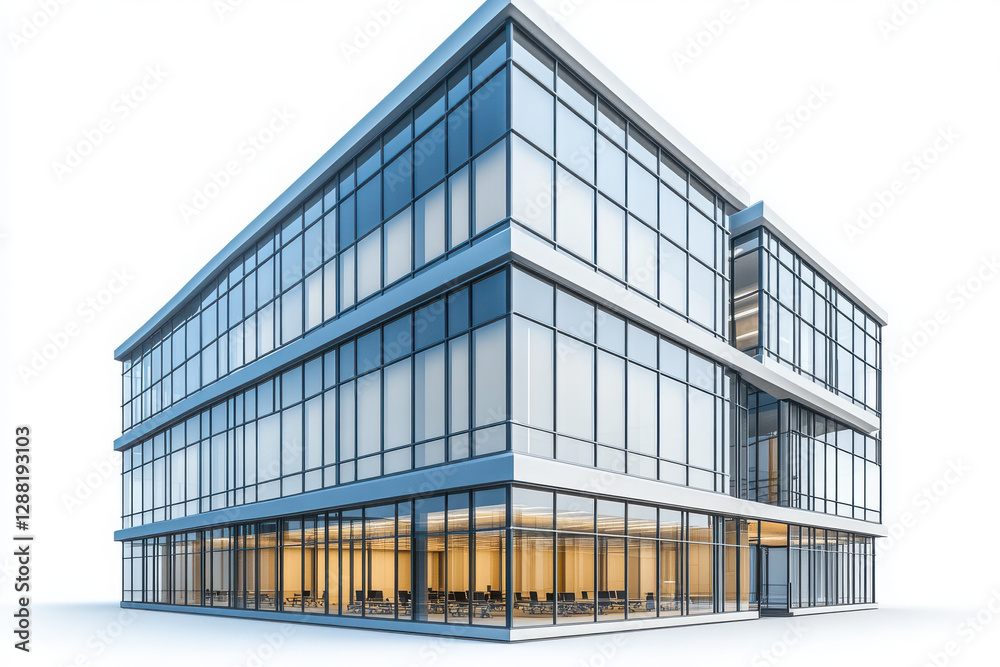 Modern high-rise office building with large windows in 3D on white background Modern high-rise office building with large windows in 3D on white background