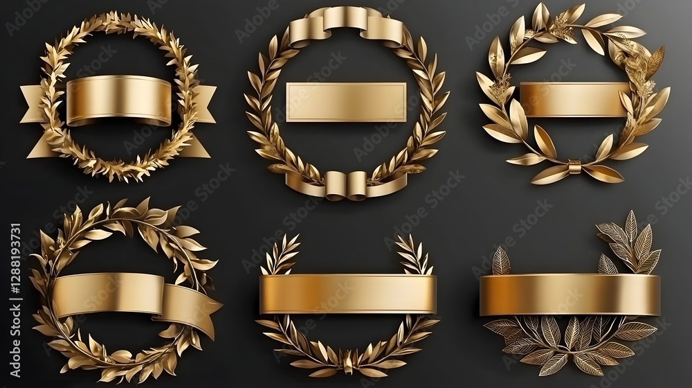 Set of Golden Laurel Wreaths and Ribbons for Premium Awards and Trophies Set of Golden Laurel Wreaths and Ribbons for Premium Awards and Trophies