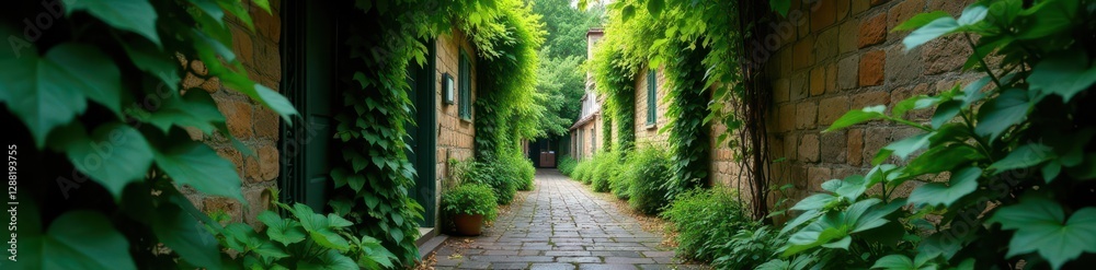 Fototapeta premium Narrow alleyway concealed by dense, mature vines , organic, secret