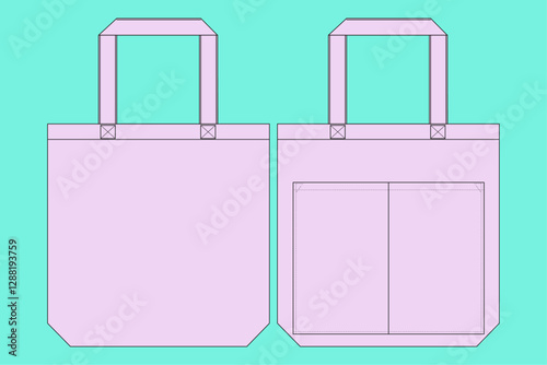  purple color tote bag with double pockets template flat sketch Front and back views.