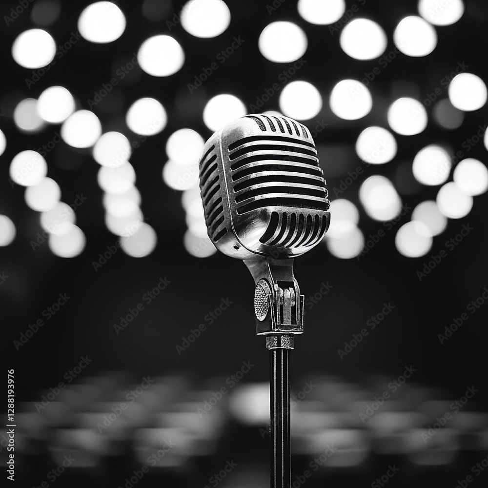 Close-up of a sleek black and white microphone with a silver-metal finish, angled rightward, featuring an elegant black cord