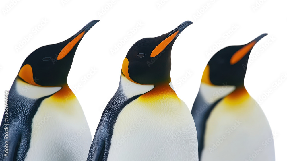 Fototapeta premium Group of three emperor penguins pose against a white background in a striking display of their distinctive features and colors