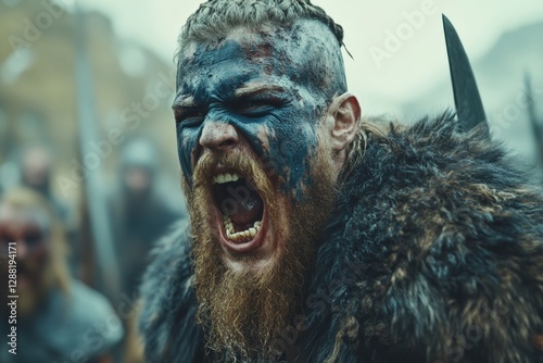 Intense warrior shouts during a battle preparation in a rugged landscape under a cloudy sky photo