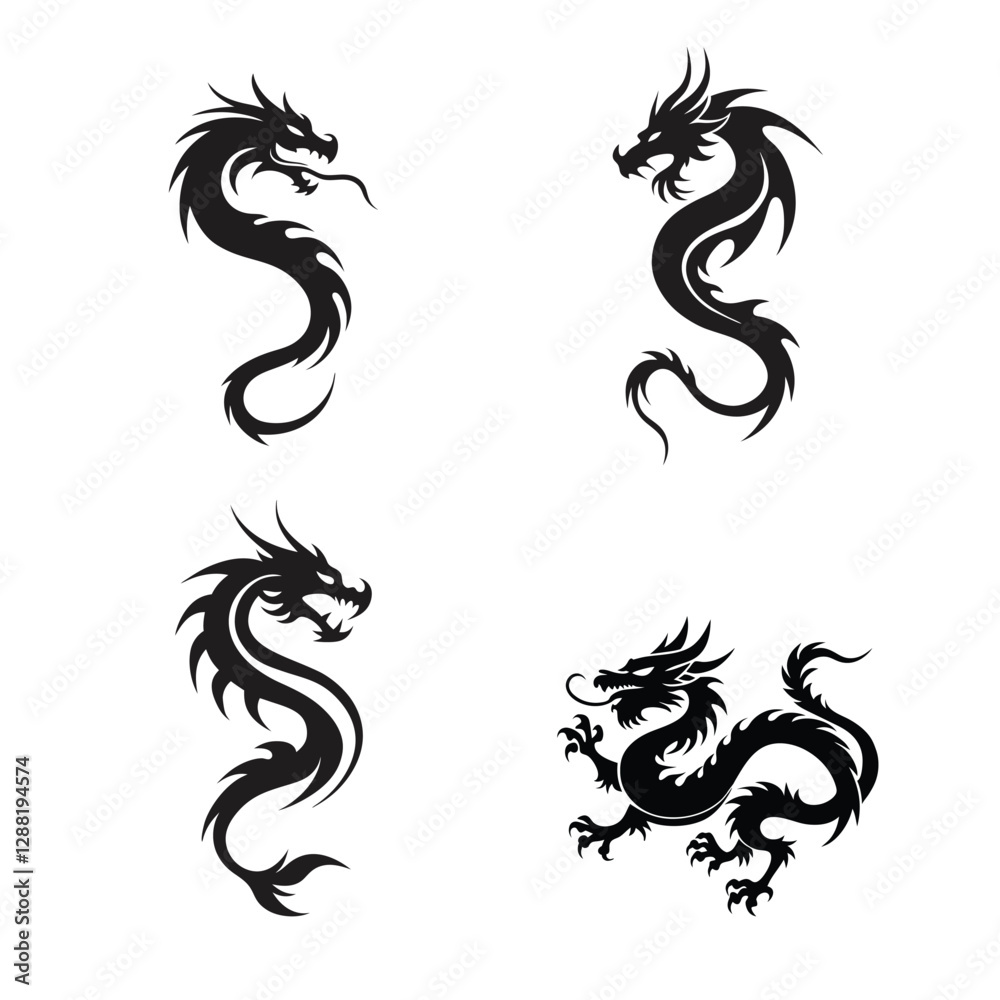Tribal Dragon Silhouette Vector Set - Chinese Dragon Tattoo Design Collection. Tribal Dragon Silhouette Vector Set - Chinese Dragon Tattoo Design Collection.