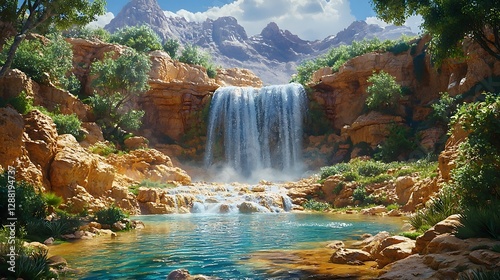 Majestic Waterfall Cascading Down Vibrant Red Sandstone Rocks in Desert Landscape
