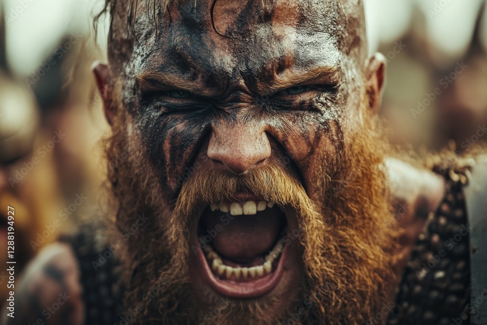 Intense warrior rallying troops in preparation for battle amidst a dramatic atmosphere Intense warrior rallying troops in preparation for battle amidst a dramatic atmosphere