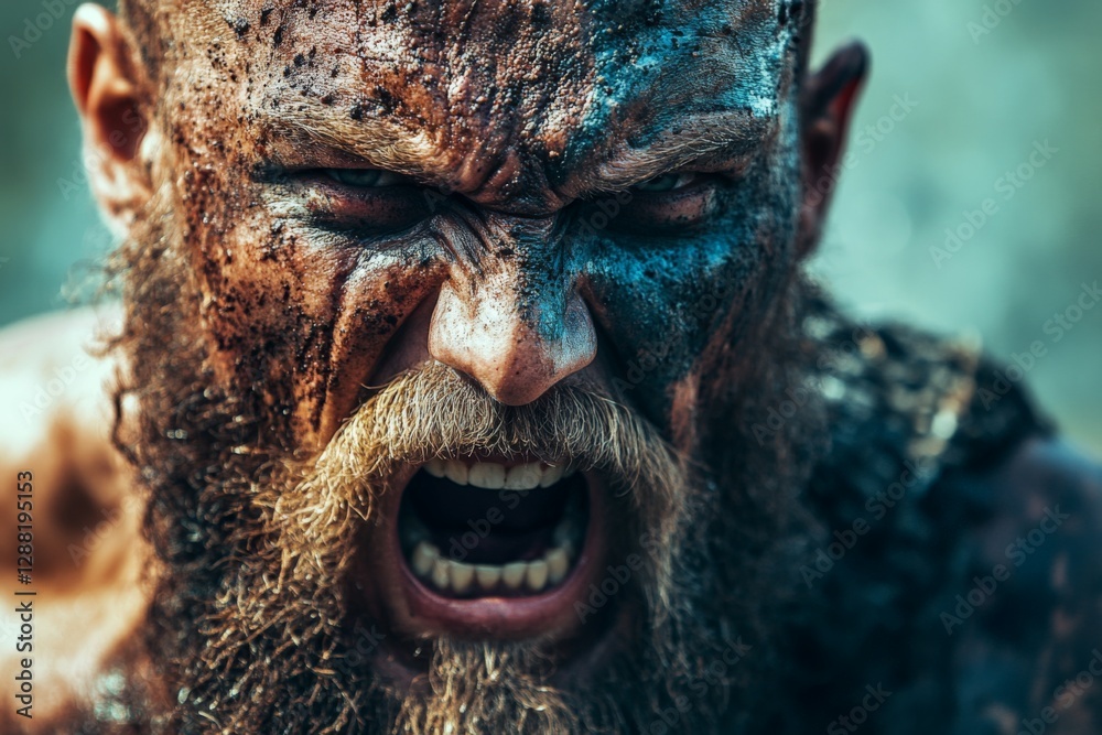 Intense warrior expressing rage with dirt and paint on face during battle reenactment in an outdoor setting Intense warrior expressing rage with dirt and paint on face during battle reenactment in an outdoor setting