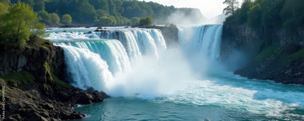 Fototapeta premium Powerful rushing waterfalls over rocky terrain, wilderness, stream