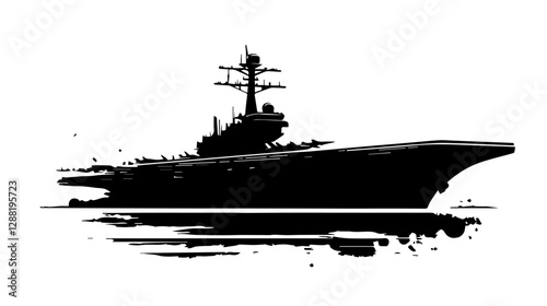Black and white illustration of a warship. Aircraft carrier.