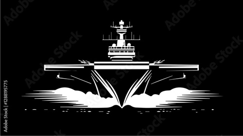 Black and white illustration of a warship. Aircraft carrier.