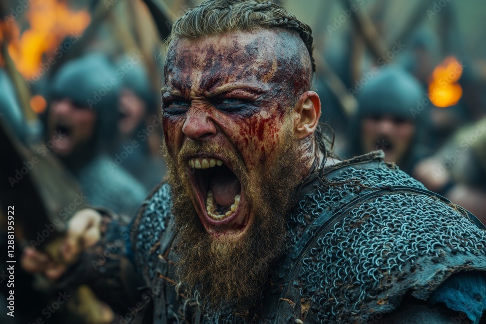 Fierce warrior shouting in battle during ancient times with intense emotions and dramatic background Fierce warrior shouting in battle during ancient times with intense emotions and dramatic background