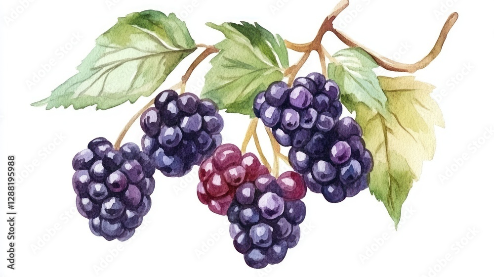 Watercolor Painting of Blackberries on Branch Watercolor Painting of Blackberries on Branch