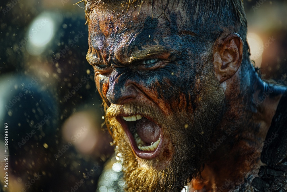 Warrior shouts fiercely during an intense battle preparation in a historic reenactment event Warrior shouts fiercely during an intense battle preparation in a historic reenactment event