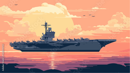 Illustration of a warship. Aircraft carrier.
