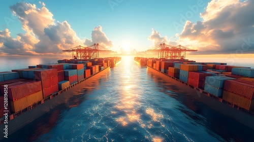 Wallpaper Mural Maritime Sunset Symphony: Cargo ships navigate a shimmering waterway under a breathtaking sunset. The sky is ablaze with vibrant hues, with containers loaded on ships. Torontodigital.ca