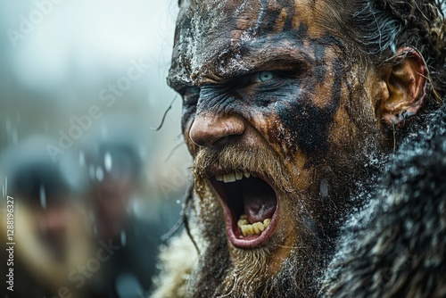 Intense warrior displays fierce expression during winter battle preparations in a historic reenactment event
