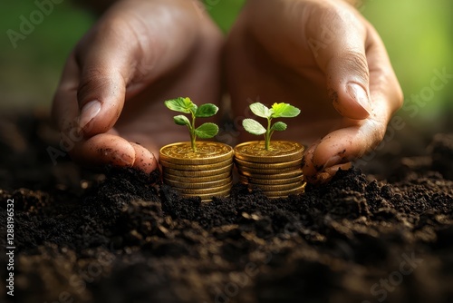 Person holding a green plant with coins representing financial growth